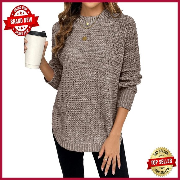 Sweaters - Chunky Waffle Knit Pullover Sweater Loose Fit Long Sleeve Crewneck